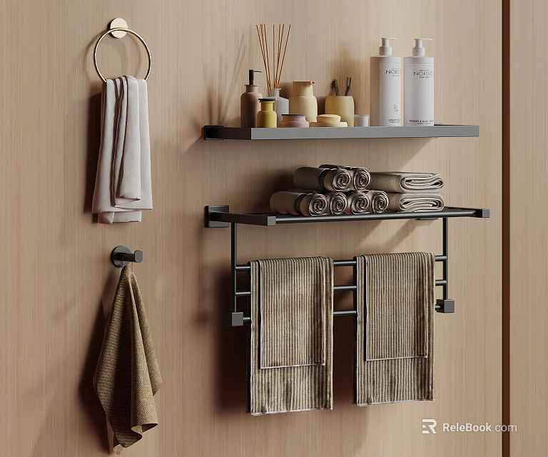 Stylish Bathroom Wall Shelves with Towels Aromatic Bottles and Hanging Towels 3d model 