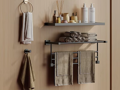 Stylish Bathroom Wall Shelves with Towels Aromatic Bottles and Hanging Towels 3d model