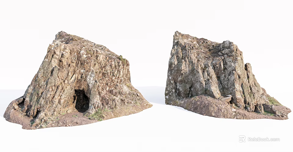 Natural Stone and Wood Rock Structures Displaying Cave and Textured Surfaces with Greenery 3d model 