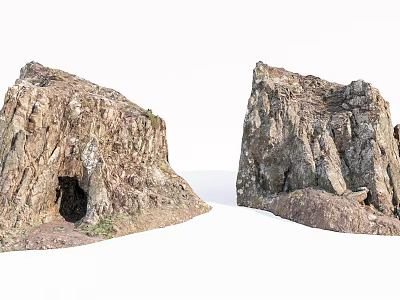 Natural Stone and Wood Rock Structures Displaying Cave and Textured Surfaces with Greenery 3d model