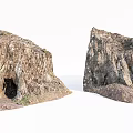 Natural Stone and Wood Rock Structures Displaying Cave and Textured Surfaces with Greenery
