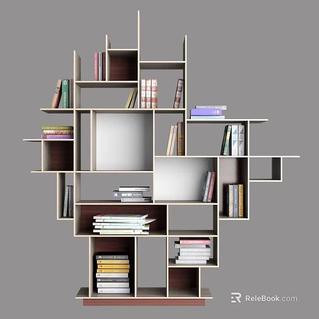 Modern Geometric Bookshelf With Different Size Open Compartments And Stacked Books 3d model 