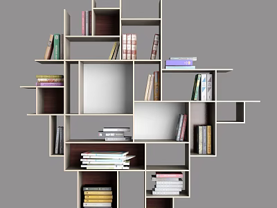 Modern Geometric Bookshelf With Different Size Open Compartments And Stacked Books 3d model