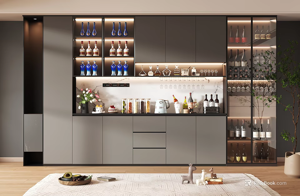 Modern Wine Cabinet Design With Glass Doors Built in Lighting And Wine Bottle 3d model 