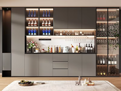 Modern Wine Cabinet Design With Glass Doors Built in Lighting And Wine Bottle 3d model