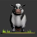 Cute 3D Cartoon Black And White Cow Standing On Green Grass Field