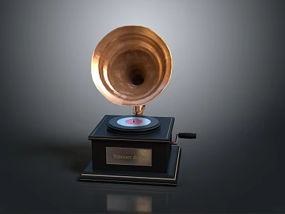 Vintage Gramophone Design With Copper Horn Black Base And Turntable 3d model