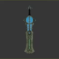 Fantasy Character Wielding Glowing Blue Decorative Sword With Mythical Creature Motifs