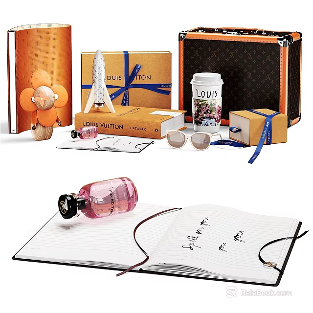 Stylish Decorative Accessories Set Featuring Louis Vuitton Boxes Perfume Notebook Sunglasses And Flower Decor 3d model 