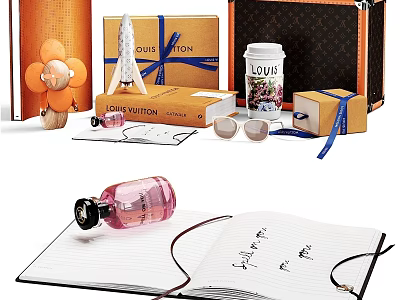 Stylish Decorative Accessories Set Featuring Louis Vuitton Boxes Perfume Notebook Sunglasses And Flower Decor 3d model