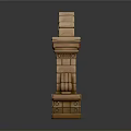Brick Arched Architectural Structure with Red Decorative Orbs and Central Panel on Detailed Stone Pedestal