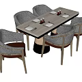 Rectangular Dining Table Set With Six Upholstered Chairs Light Tabletop Black Base 3d model