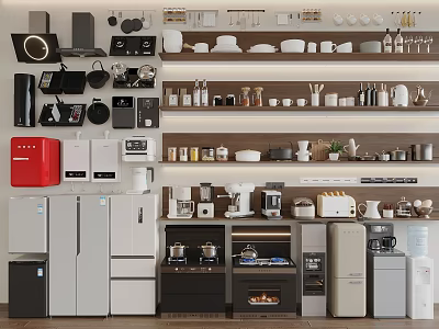 Modern Kitchen Appliances Display With Refrigerators Microwaves Coffee Makers And Cabinets 3d model