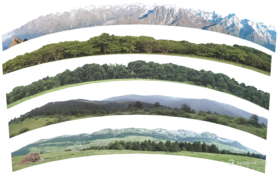 Natural Scenic Wall Backdrop Featuring Snowy Mountains Green Forests and Lush Grasslands 3d model 