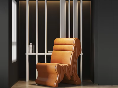 Modern Living Room Interior Design With Orange Single Sofa White Vertical Partition And Window 3d model