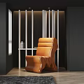 Modern Living Room Interior Design With Orange Single Sofa White Vertical Partition And Window