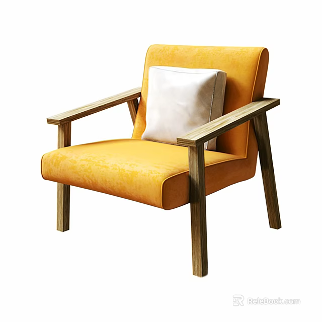 Stylish Yellow Single Sofa Upholstered with Wooden Arms Legs and White Pillow 3d model 