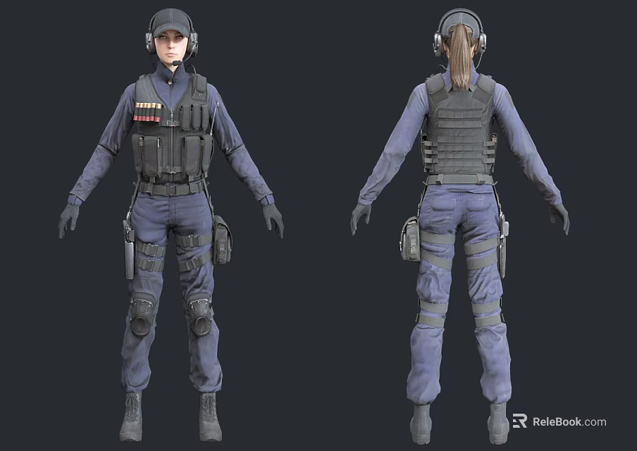 Woman In Full Tactical Uniform With Vest Headset And Gear Pouches 3d model 