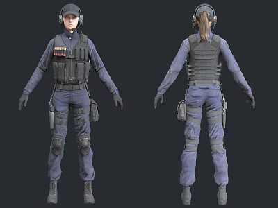 Woman In Full Tactical Uniform With Vest Headset And Gear Pouches 3d model