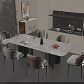 Modern Table and Chair Set With Marble Tabletop And Light Colored Chairs In Kitchen Area