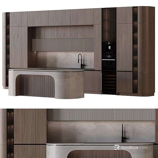 Modern Wooden Kitchen Interior With Curved Island Counter And Cabinets 3d model 