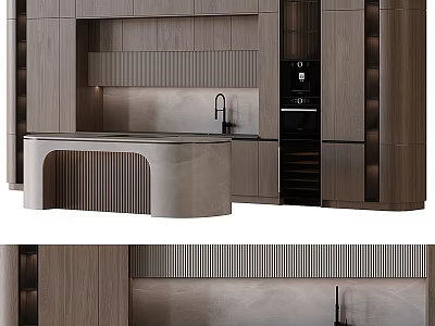 Modern Wooden Kitchen Interior With Curved Island Counter And Cabinets 3d model