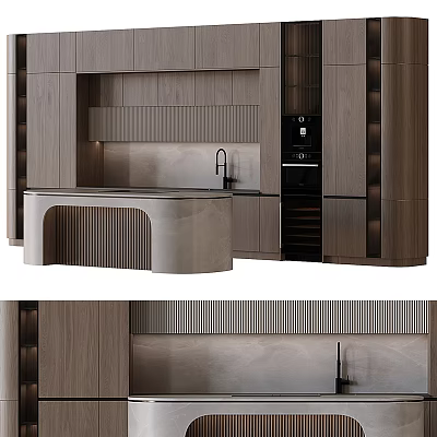 Modern Wooden Kitchen Interior With Curved Island Counter And Cabinets 3d model