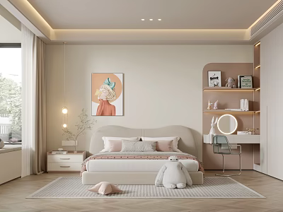 Warm Kids Room Interior With Soft Bed Plush Rabbit Shelves Dresser And Striped Rug 3d model