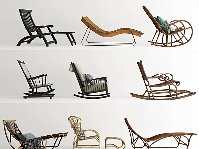 Stylish Lounge Chairs Collection Featuring Wooden Rattan Metal Frame And Cushions 3d model