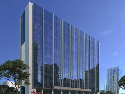 Modern Office Building With Glass Curtain Wall And Green Trees Under Blue Sky 3d model