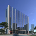 Modern Office Building With Glass Curtain Wall And Green Trees Under Blue Sky