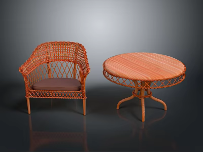 Wicker Armchair And Round Table With Wooden Top For Home Furniture Design 3d model