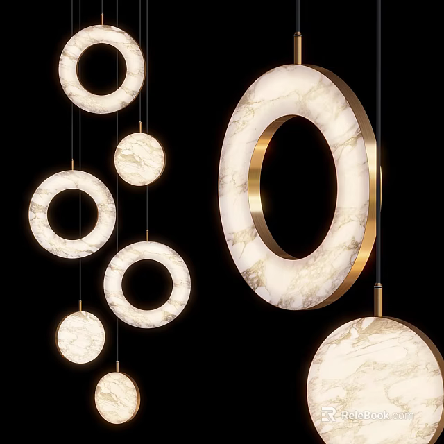 Modern Circular Pendant Lights With Marble Finish And Gold Frame Design 3d model 