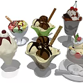 Assorted Delicious Ice Cream Desserts With Chocolate Sauce Cherries And Cookie Sticks In Glass Bowls
