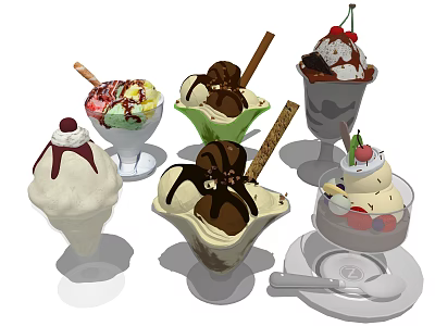 Assorted Delicious Ice Cream Desserts With Chocolate Sauce Cherries And Cookie Sticks In Glass Bowls 3d model