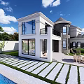 Modern Two Story Detached Villa With Garage Parked Cars And Green Plants