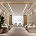 Modern Conference Room Interior With Wooden Walls Large Blackboard Ceiling Lights And Arranged Chairs