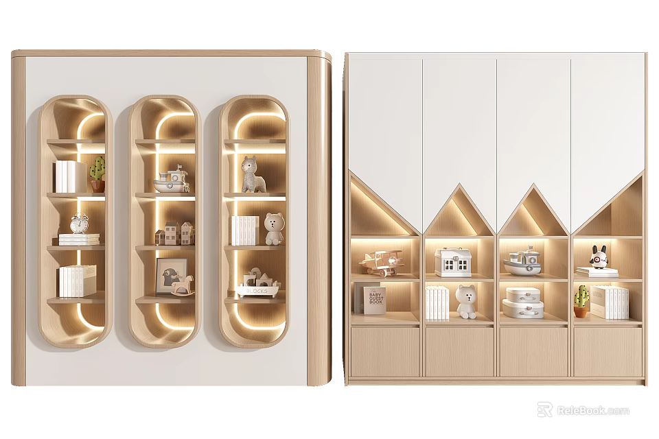 Modern Bookcase Design With Geometric Shelves LED Lighting And Decorative Items 3d model