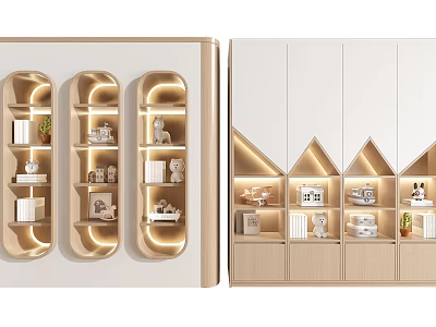 Modern Bookcase Design With Geometric Shelves LED Lighting And Decorative Items 3d model