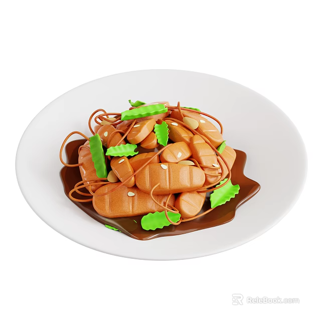 Delicious Braised Meat Sticks With Fresh Green Vegetable Slices And Brown Sauce 3d model 