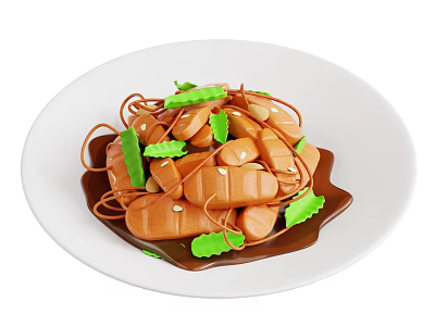 Delicious Braised Meat Sticks With Fresh Green Vegetable Slices And Brown Sauce 3d model