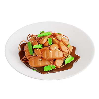 Delicious Braised Meat Sticks With Fresh Green Vegetable Slices And Brown Sauce 3d model