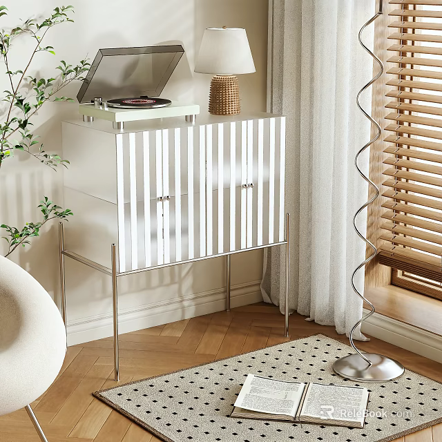 Modern White Storage Cabinet With Striped Doors Metal Frame And Record Player Plant 3d model 