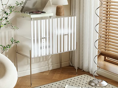 Modern White Storage Cabinet With Striped Doors Metal Frame And Record Player Plant 3d model