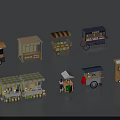 Various Mobile Food Stalls And Carts With Different Awnings And Structures
