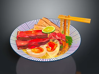 Delicious Ramen Bowl With Beef Slices Soft Boiled Egg Lime And Chopsticks 3d model