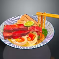Delicious Ramen Bowl With Beef Slices Soft Boiled Egg Lime And Chopsticks