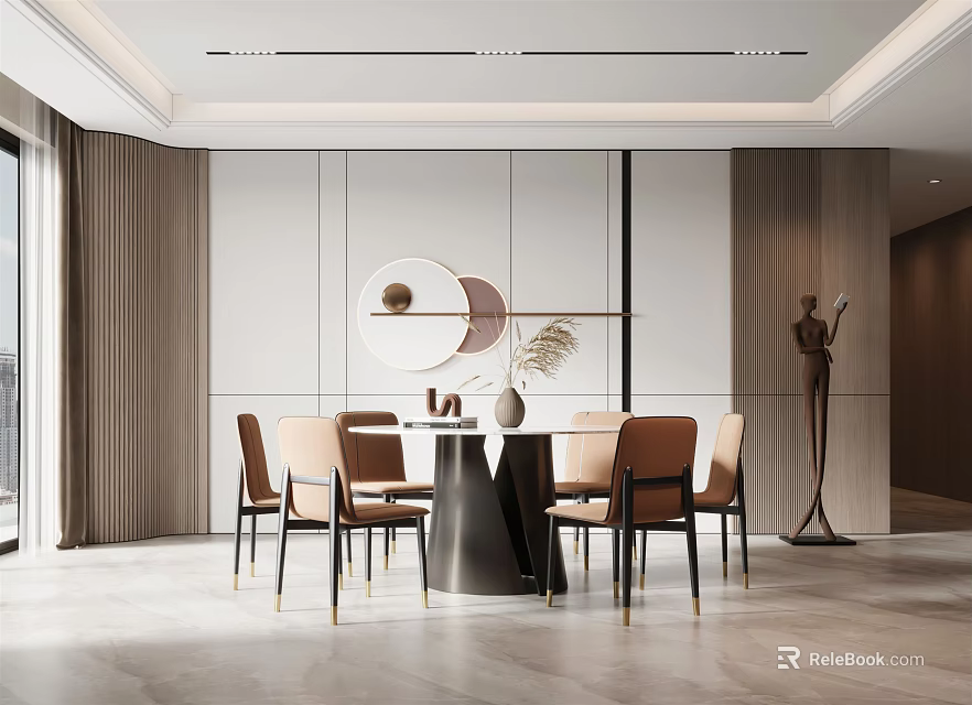 Modern Restaurant Interior With Round Dining Table Beige Chairs Circular Mirror Pendant Light And Sculpture Decor 3d model 