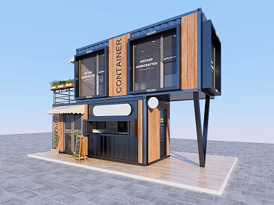 Modern Two Story Container Building With Wooden Panels Large Windows And Black Frame 3d model