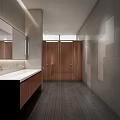 Modern Public Restroom Design With Gray Tile Walls Wooden Vanity And Toilet